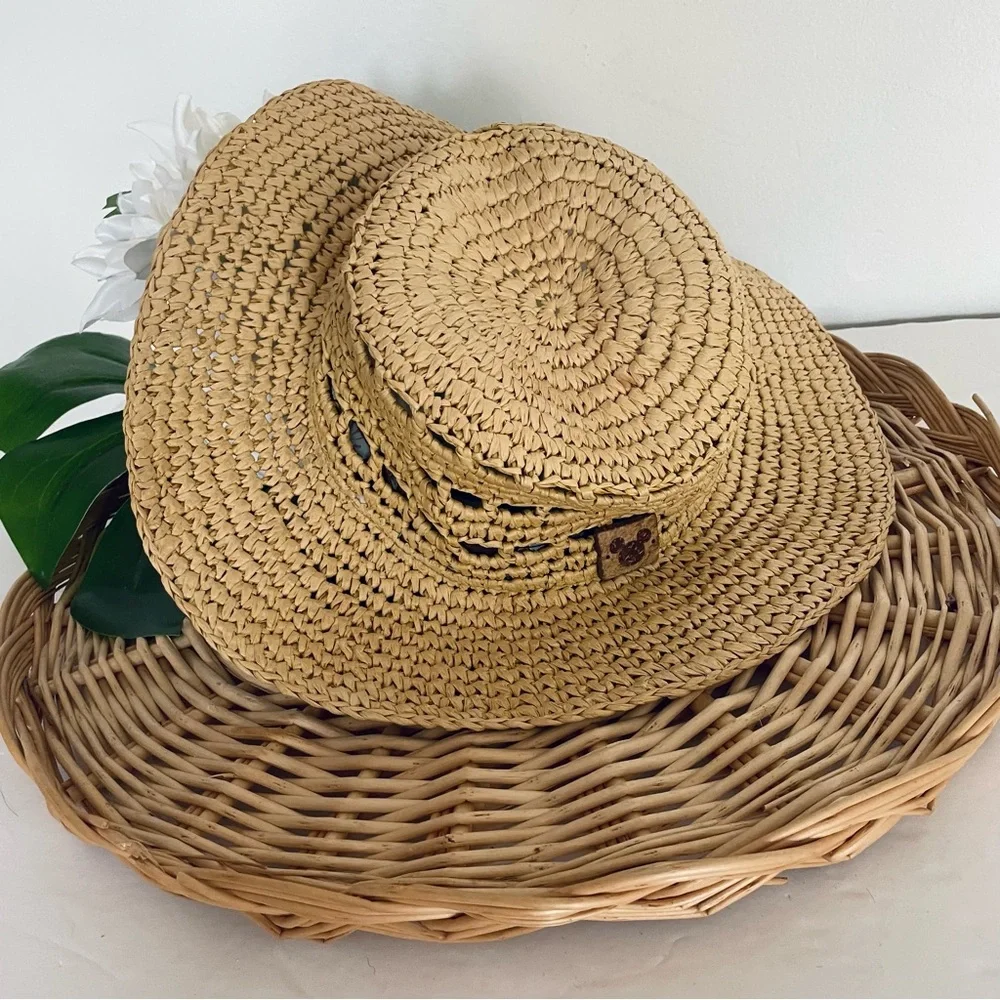 Disney Parks Mickey Mouse Woven Straw Floppy Hat Carved Wood Mickey Mouse summer